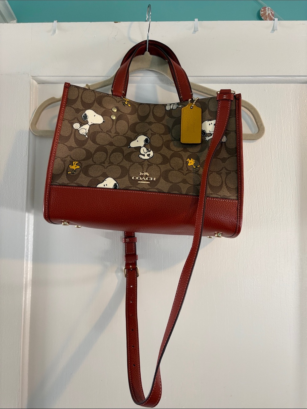 Coach Red Leather & Brown Signature Canvas Peanuts Satchel